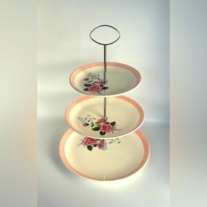 Biltons 3 Tiered Cake Dessert Plate Stand, Vintage, White, Pink Flowers, England